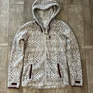 Billabong Fleece Jacket Beige White Geo Print Full Zip Women's Large Pockets EUC